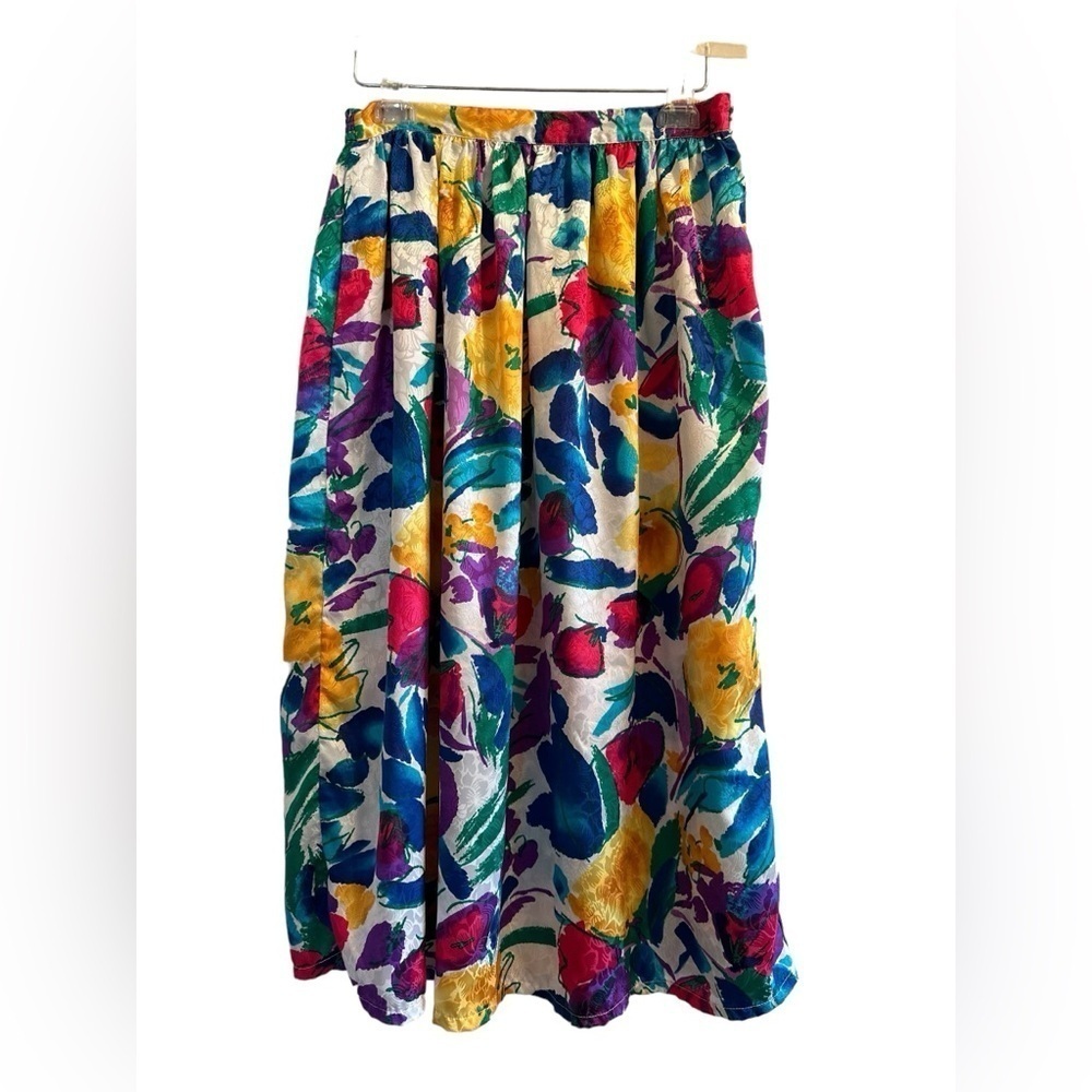 Vintage Natalie II Midi Floral Skirt Multicolor Sheen Shiny Lightweight Pull On